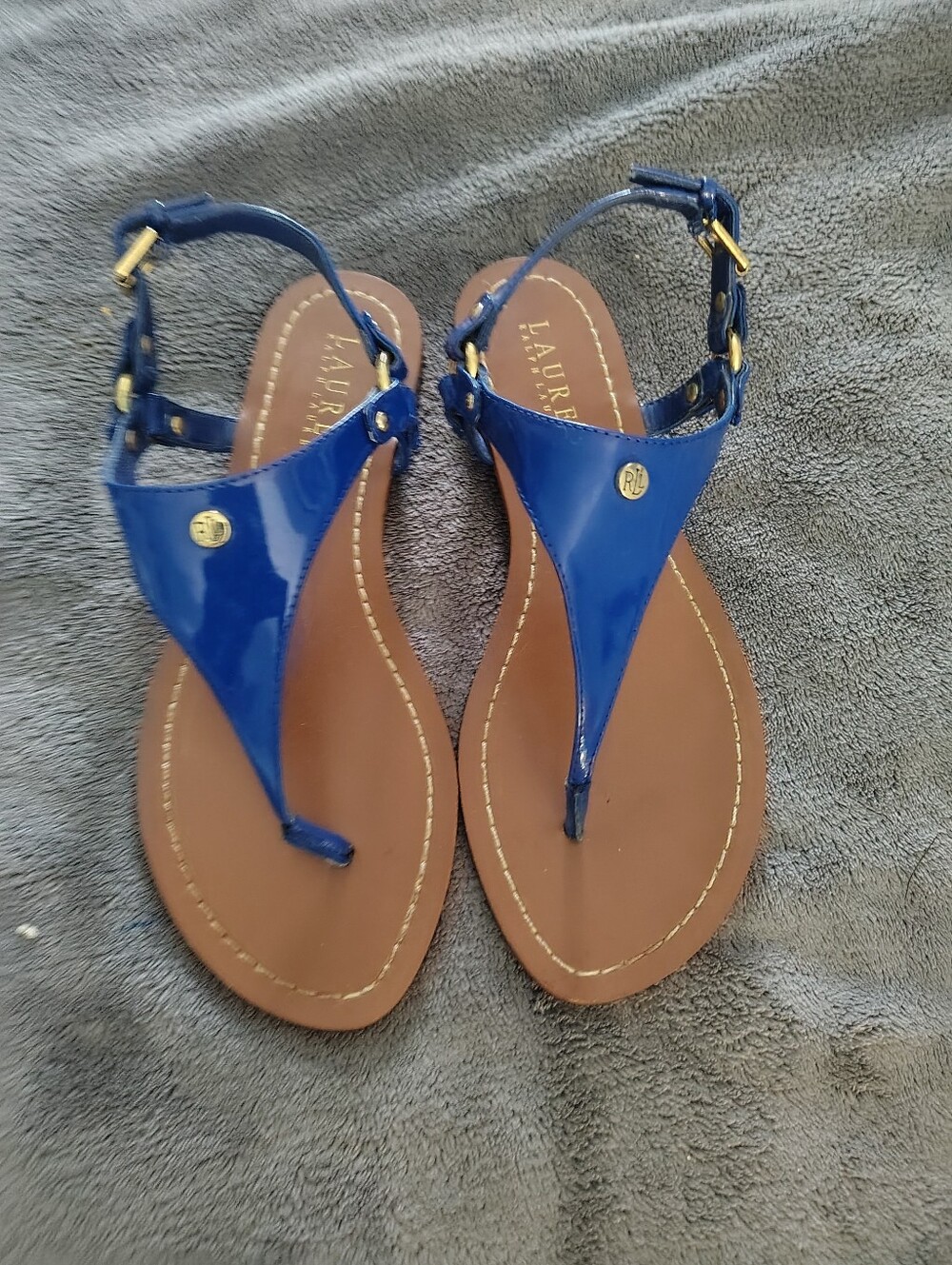 Ralph Lauren Blue Patent Thong Sandles with Gold Accents